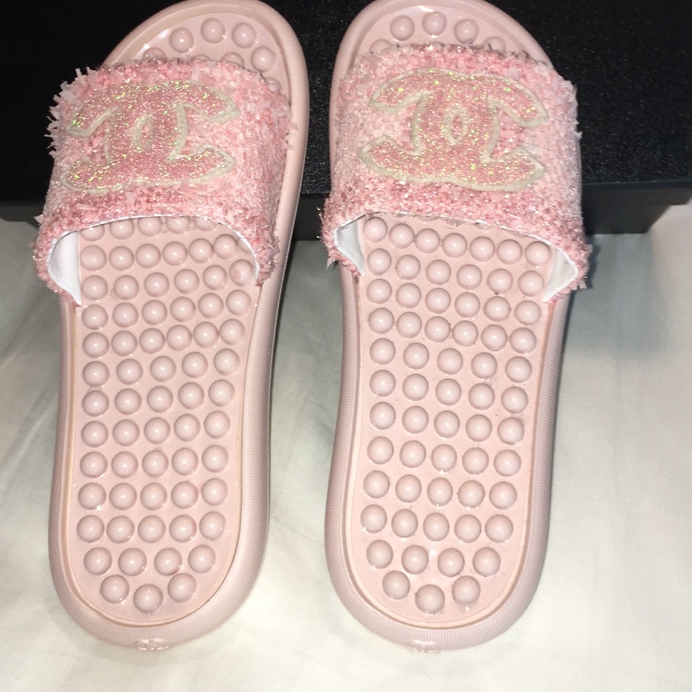 CHANEL AUTHENTIC Pink Tweed Slides